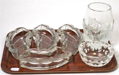 Lot 157 - A set of four Lalique glass crescent shaped dishes, 2nd half 20th century, with gadrooned and...