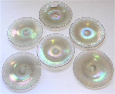 Lot 158 - A set of six Favrile style iridescent glass dishes, yellow/green, unmarked, 14.5cm