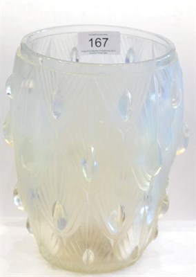 Lot 167 - An Art Deco Sabino opalescent glass vase, moulded with cabochons, signed Sabino Paris France, 19cm