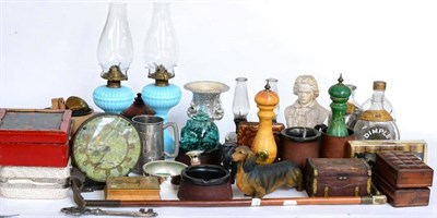 Lot 191 - ^ A green glass dump inkwell and cover; a pair of pressed glass oil lamp bases; a pair of glass oil