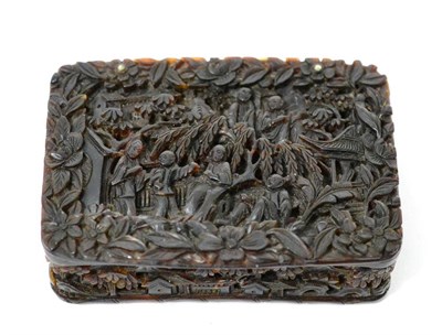 Lot 216 - A Cantonese tortoiseshell snuff box, circa 1860, typically carved with figures in landscape,...