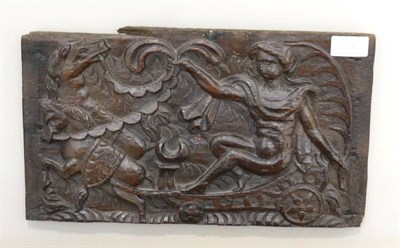 Lot 221 - A carved oak panel, 16th century, depicting the goddess Diana riding in a chariot drawn by two...