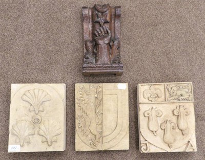 Lot 227 - A carved stone armorial, carved with the arms of Eton College, 24cm by 19cm; a similar panel,...