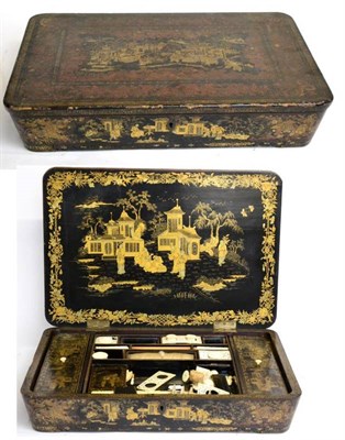 Lot 233 - A Chinese export lacquer work box, mid-19th century, gilt with figures in landscapes containing...