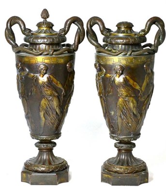 Lot 265 - A pair of bronze urns and covers in Neo-Classical style with twin serpent handles, the bodies...