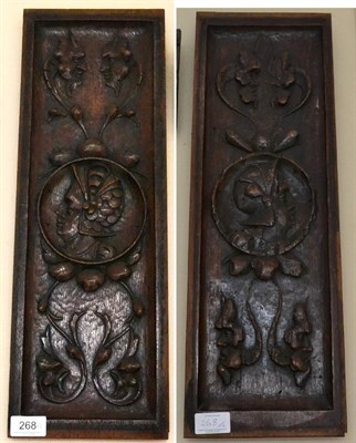 Lot 268 - A pair of carved oak rectangular panels, probably French, 16th century, carved with Romayne...