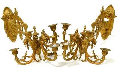 Lot 272 - A pair of cold painted metal five light wall sconces in Renaissance style, cast with mythical...