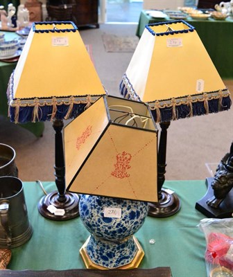 Lot 276 - A pair of George III mahogany and brass candlesticks converted to table lamps and a Chinese...