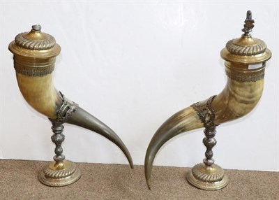 Lot 280 - A pair of Victorian silver plate mounted horn cups, covers and stands in Renaissance style with...