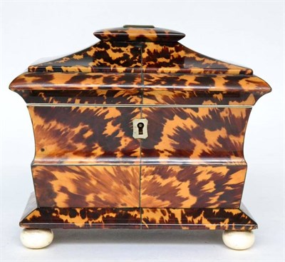 Lot 289 - A Regency tortoiseshell tea caddy of shaped rectangular form, containing two lidded compartments on