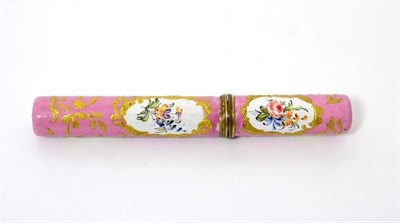 Lot 299 - A Staffordshire enamel bodkin holder, circa 1760, painted with flower sprays in panels on a...