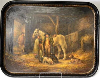 Lot 307 - A Victorian papier mâché tray, of rounded rectangular form, painted with figures in a stable,...