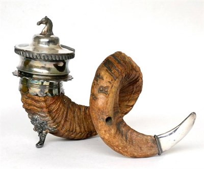 Lot 309 - A Victorian silver plate mounted rams horn ink table snuff, the hinged cover with horses head...