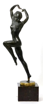 Lot 317 - After Renee Baronin Vranyczany a bronze figure of nude dancing on a circular base and marble...