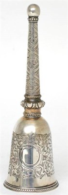 Lot 323 - A brass mounted gourd flask, probably 18th Century, with screw off cover and engraved border, 7.5cm