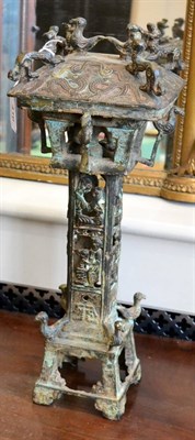 Lot 416 - A Chinese archaic style cast bronze tower, 44cm high