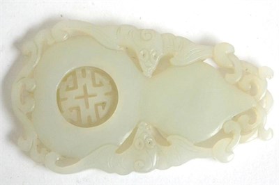 Lot 425 - A Chinese jade plaque carved with an articulated Shou character in a flattened gourd flanked by two