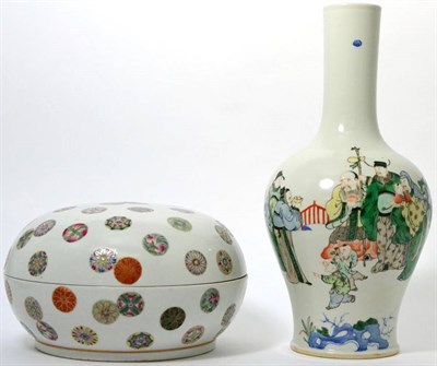 Lot 429 - A Chinese porcelain baluster vase, painted in famille verte enamels with figures in a fenced...