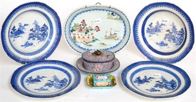 Lot 440 - ^ A Chinese porcelain oval dish Qianlong, painted with famille rose enamels with junks mooring...