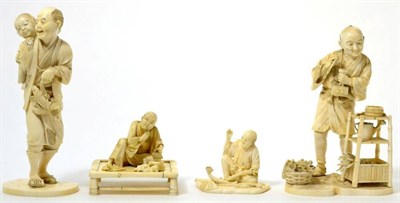 Lot 451 - A Japanese ivory okimono, Meiji period, as a gardener smoking a pipe standing beside a whatnot...