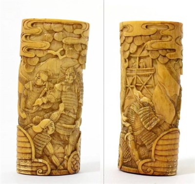 Lot 453 - A Japanese ivory vase, Meji period, carved with warriors in landscape, 9cm high