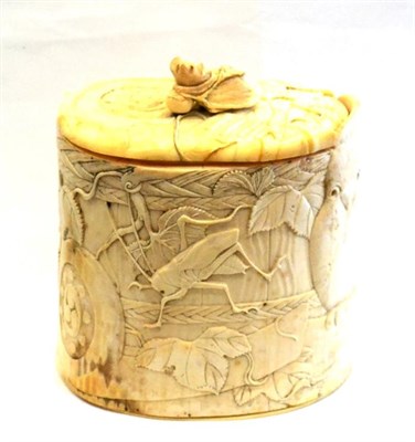 Lot 456 - A Japanese ivory tusk vase and cover, Meiji period, carved with birds, insects and other...