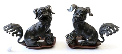 Lot 458 - A pair of Chinese cast bronze lion dogs, wood bases, 21cm high