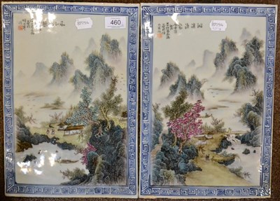 Lot 460 - A pair of Chinese porcelain plaques painted in famille rose enamels with river landscapes and...