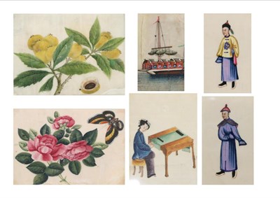 Lot 466 - Chinese School, 19th century, a pith paper painting depicting a lady weaving, 14.5cm by 10.5cm;...