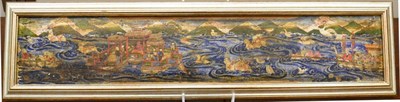 Lot 467 - A Chinese painted wood panel, Qing, painted in colours with a floating palace, a junk and...