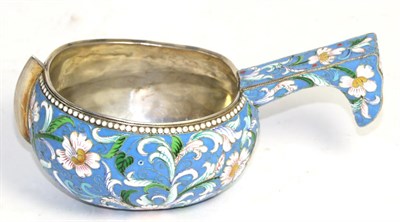 Lot 477 - A cloisonne enamel kovsh, bearing spurious marks for Mikhail Ovchinnikov to base, decorated...