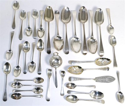 Lot 478 - A collection of 18th century and later spoons, including a set of three Old English...