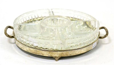 Lot 538 - A silver mounted mirrored tray with cut glass hors d'oeuvres dishes, Viners, Sheffield, 1936,...