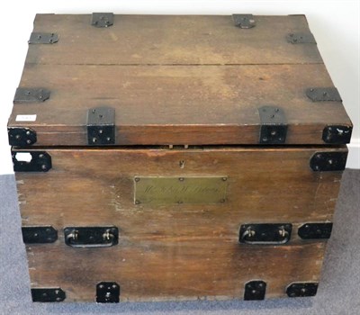 Lot 543 - Metal bound oak silver chest, with twin carrying handles and hinged cover, the front with brass...