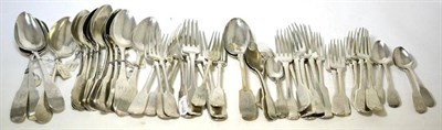 Lot 551 - An interesting collection of George III and later English and Irish fiddle pattern flatware,...