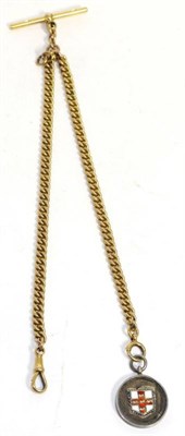 Lot 561 - A 9ct gold double Albert watch chain with 'T' bar, each link stamped 375, with attached silver...