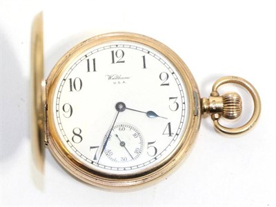 Lot 563 - A 9ct gold full hunter pocket watch, signed Waltham, 1927, lever movement numbered 26133492, enamel