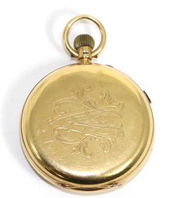 Lot 576 - An 18ct gold full hunter chronograph pocket watch, 1893, lever movement, enamel dial with Roman...