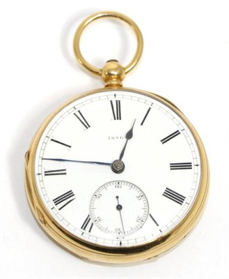 Lot 577 - An 18ct gold open faced pocket watch, 1874, gilt fusee lever movement, dust cover, enamel dial with