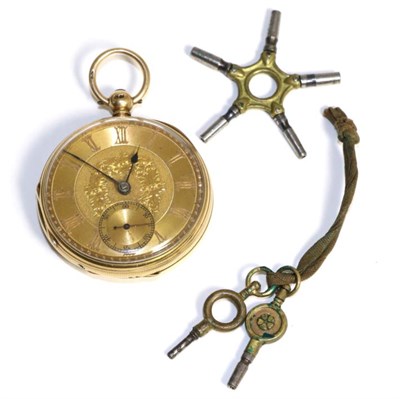 Lot 578 - An 18ct gold open faced pocket watch, 1880, lever movement, dust cover, gold coloured dial with...