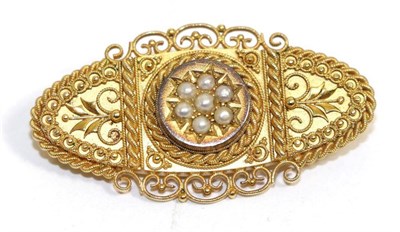 Lot 585 - A 15 carat gold Etruscan revival seed pearl brooch, a cluster of seed pearls in a star setting...