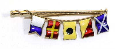 Lot 588 - A 9 carat gold enamel nautical flag brooch, by Benzie of Cowes, depicting signalling flags to a...