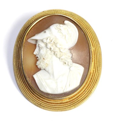 Lot 592 - A cameo brooch, carved depicting the bust of Mars, in a rope frame, measures 3.7cm by 3cm