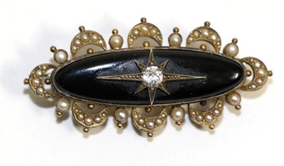 Lot 625 - A diamond, onyx and seed pearl mourning brooch, an old cut diamond in a star setting, to an...