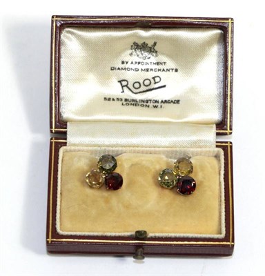 Lot 638 - A pair of garnet and zircon trefoil earrings, a round cut garnet, yellow zircon and green zircon in