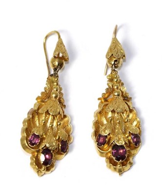 Lot 639 - A pair of Victorian garnet drop earrings, textured foliate drops set with three garnet 'buds',...