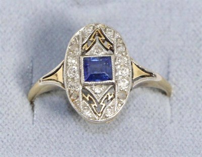 Lot 653 - A sapphire and diamond plaque ring, a square cut sapphire within a pierced frame set with old...