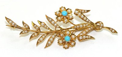 Lot 658 - A seed pearl and turquoise floral spray brooch, set throughout with seed pearls and two...