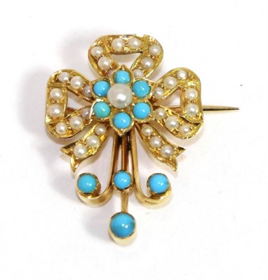 Lot 664 - A turquoise and pearl bow brooch, a central cluster of turquoise and a pearl with a pearl set...