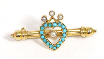 Lot 665 - A turquoise and pearl Luckenbooth brooch, a turquoise set heart topped by a pearl crown, to a...